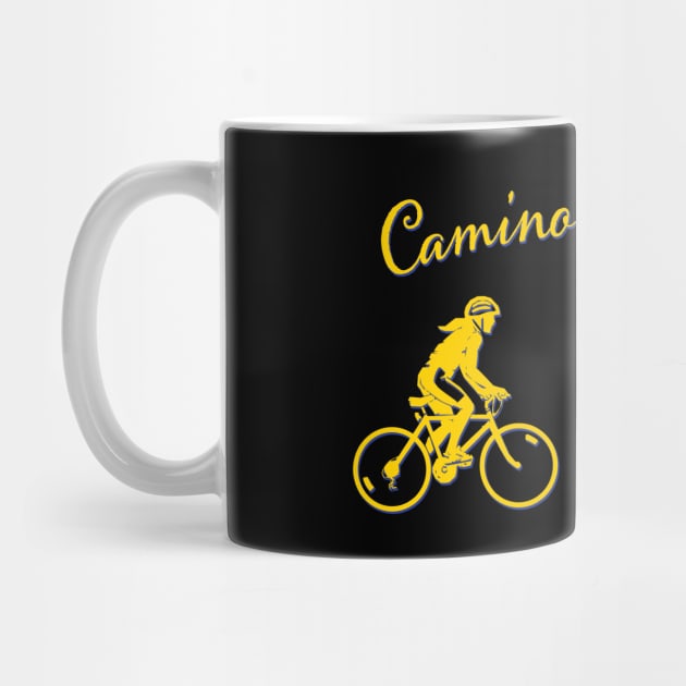 Camino de Santiago Typography Woman Riding a Bicycle Yellow Arrow Scallop Shell Red Cross by Brasilia Catholic